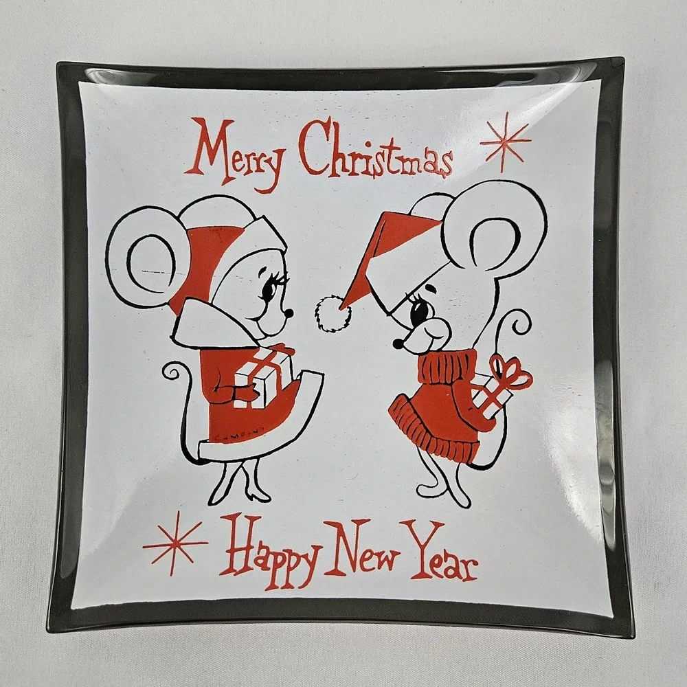 Vintage Campana Christmas Glass Trinket Tray Dish New Years Mouse MCM Retro
